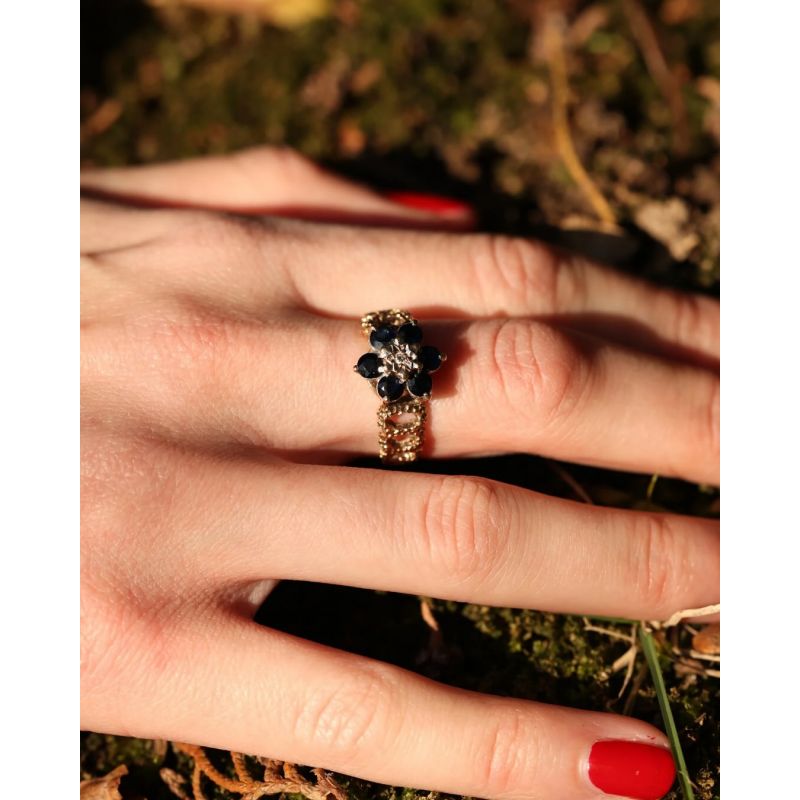 SZAFIRY DIAMENT ZŁOTO 375 PIERŚCIONEK 1976r ROZMIAR 16